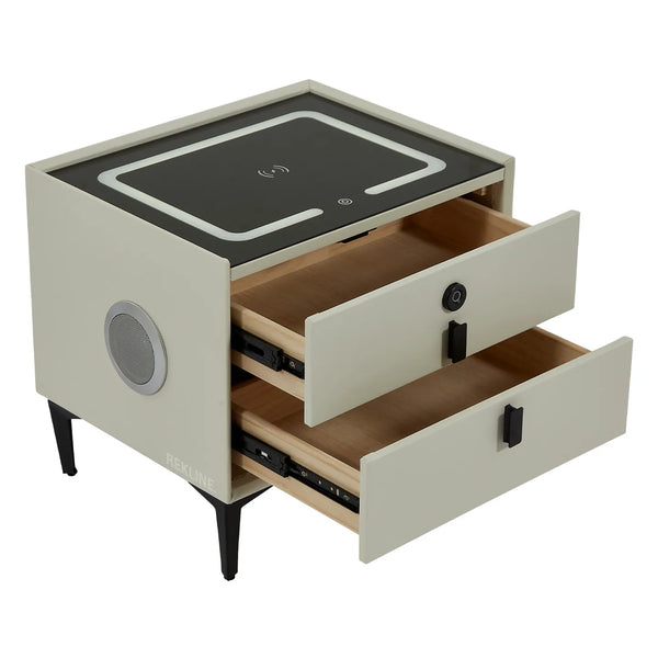 Small Off-White 2 Drawer Bedside Table With Lights LED & Fingerprint Lock | Table Glass Top with Built-in Wireless Charger & BT Speakers | Modern Nightstand + USBc | Miami