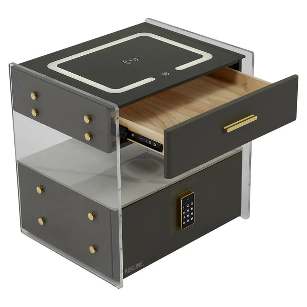 Small Grey 2 Drawer Bedside Table With Lights LED | PIN Locked Drawer | Square Table Glass Top & Built-in Wireless Charger | Bluetooth Modern Nightstand + USBc + Speakers  | Chicago