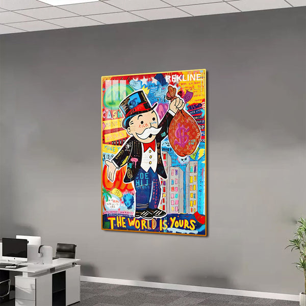 Monopoly Man LED Canvas | The World Is Yours | 100×150 cm LED-Illuminated Crystal-Porcelain Painting, Gold/Black Frame | By REKLINE