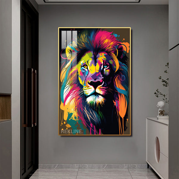 Colourful Lion LED Canvas | 100×150 cm LED-Illuminated Crystal-Porcelain Lion Painting, Gold/Black Frame | By REKLINE