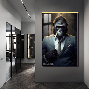 Smoking Gorilla King LED Canvas | Wall Art Painting in Gold/Black Frame Gorilla Portrait Wall Art, LED-Lit Crystal-Porcelain Painting | 100×150 cm | By REKLINE