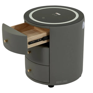 Small Grey 3 Drawer Fuax Leather Bedside Table With Lights LED | Round Table Glass Top & Built-in Wireless Charger | Bluetooth Modern Nightstand + USBc & Speakers  | Nashville