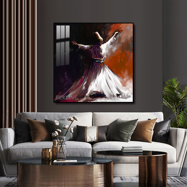Sufi Whirling Dervish Islamic Wall Art | LED Wall Art in Gold/Black Alloy Frame | 100 × 100 cm | By REKLINE