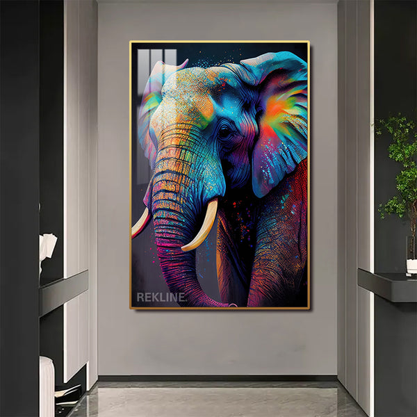 Vibrant Elephant Canvas Wall Art | Modern Painting with Remote & Plug | Led Canvas in Gold/Black Alloy Frame | 100 × 150 cm | By REKLINE