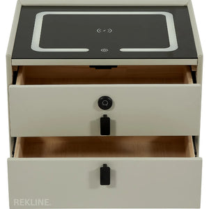 Small Off-White 2 Drawer Bedside Table With Lights LED & Fingerprint Lock | Table Glass Top with Built-in Wireless Charger & BT Speakers | Modern Nightstand + USBc | Miami