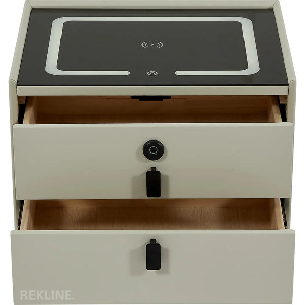 Small Off-White 2 Drawer Bedside Table With Lights LED & Fingerprint Lock | Table Glass Top with Built-in Wireless Charger & BT Speakers | Modern Nightstand + USBc | Miami
