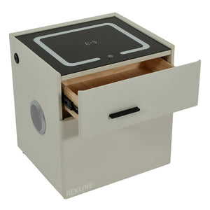 Small Off-White 2 Drawer Bedside Table With Lights LED & Hidden Safety Box | Square Table Glass Top & Built-in Wireless Charger | Bluetooth Modern Nightstand + USBc + Speakers  | California
