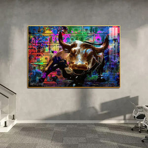 Abstract Bull LED Canvas | Abstract Painting Original Horizontal 150×100 cm Colorful Bull Wall Art | LED-Lit Crystal-Porcelain Painting, Gold/Black Frame | By REKLINE