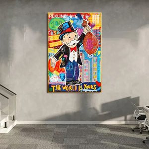 Monopoly Man LED Canvas | The World Is Yours | 100×150 cm LED-Illuminated Crystal-Porcelain Painting, Gold/Black Frame | By REKLINE