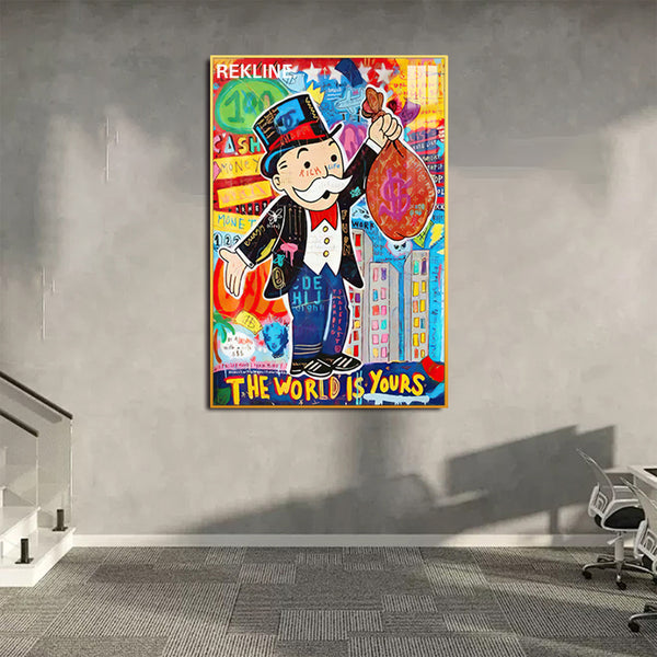 Monopoly Man LED Canvas | The World Is Yours | 100×150 cm LED-Illuminated Crystal-Porcelain Painting, Gold/Black Frame | By REKLINE