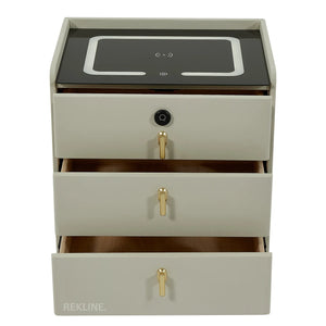 Small Off-White 3 Drawer Faux Leather Bedside Table With Lights LED & Fingerprint Lock | Square Table Glass Top & Built-in Wireless Charger | Bluetooth Modern Nightstand + USBc + Speakers  | California