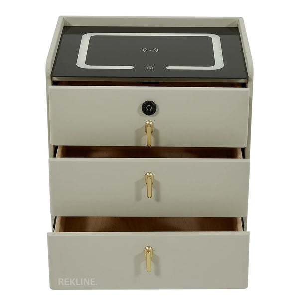 Small Off-White 3 Drawer Faux Leather Bedside Table With Lights LED & Fingerprint Lock | Square Table Glass Top & Built-in Wireless Charger | Bluetooth Modern Nightstand + USBc + Speakers  | California