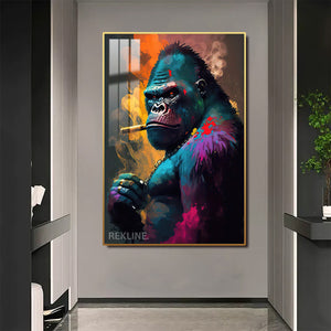 Gorilla Painting Wall Art | LED Canvas with Remote-Controller in Gold/Black Alloy Frame | 100 × 150 cm | By REKLINE