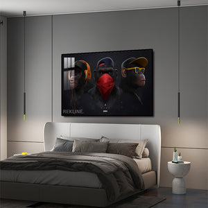 Urban Chimpanzee LED Canvas | colourful Monkey Horizontal 150×100 cm | Trio Chimp Painting, LED-Lit Crystal-Porcelain Art, Gold/Black Frame | By REKLINE