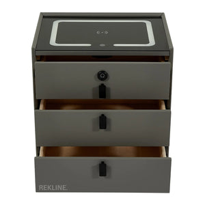 Small Grey 3 Drawer Faux Leather Bedside Table With Lights LED & Fingerprint Lock | Round Table Glass Top & Built-in Wireless Charger | Bluetooth Modern Nightstand + USBc & Speakers  | Florida