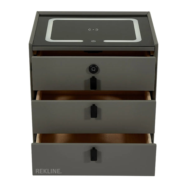 Small Grey 3 Drawer Faux Leather Bedside Table With Lights LED & Fingerprint Lock | Round Table Glass Top & Built-in Wireless Charger | Bluetooth Modern Nightstand + USBc & Speakers  | Florida
