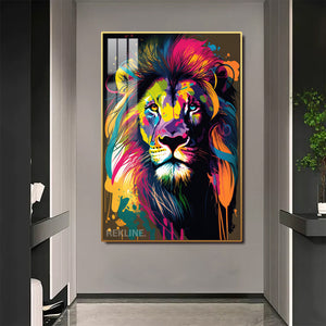 Colourful Lion LED Canvas | 100×150 cm LED-Illuminated Crystal-Porcelain Lion Painting, Gold/Black Frame | By REKLINE