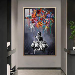 Dream Balloon LED Canvas | 100×150 cm LED-Illuminated Crystal-Porcelain Painting | Gold/Black Frame | By REKLINE