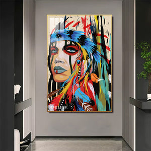 Native American Portrait LED Canvas | Colourful Feather-Headdress in Gold/Black Alloy Frame, Remote & Plug | 100 × 150 cm | By REKLINE