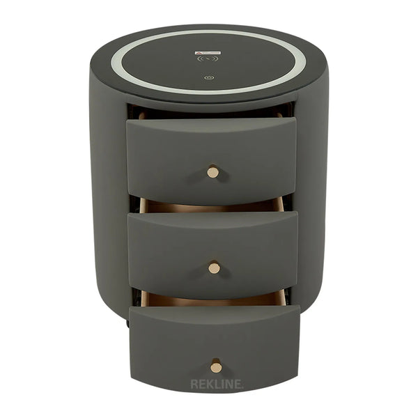 Small Grey 3 Drawer Fuax Leather Bedside Table With Lights LED | Round Table Glass Top & Built-in Wireless Charger | Bluetooth Modern Nightstand + USBc & Speakers  | Nashville