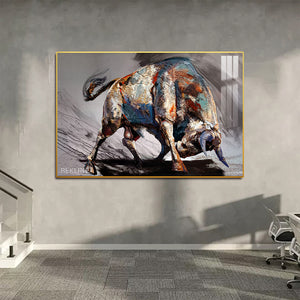 Abstract Bull Painting | LED Canvas 150×100 cm | LED-Illuminated Crystal-Porcelain Painting, Gold/Black Frame | By REKLINE