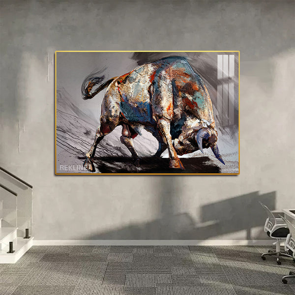 Abstract Bull Painting | LED Canvas 150×100 cm | LED-Illuminated Crystal-Porcelain Painting, Gold/Black Frame | By REKLINE