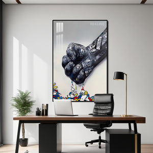 Graffiti Fist LED Canvas | 100×150 cm Urban Street Art, LED-Illuminated Crystal-Porcelain Painting, Gold/Black Frame |By REKLINE