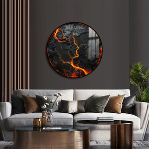 Volcanic Wall Art | 100 cm Round LED Canvas in Gold or Black Frame | Lava-Inspired Feature Piece with Gloss Finish | By REKLINE