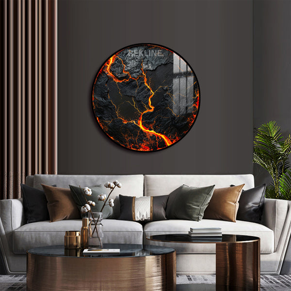 Volcanic Wall Art | 100 cm Round LED Canvas in Gold or Black Frame | Lava-Inspired Feature Piece with Gloss Finish | By REKLINE