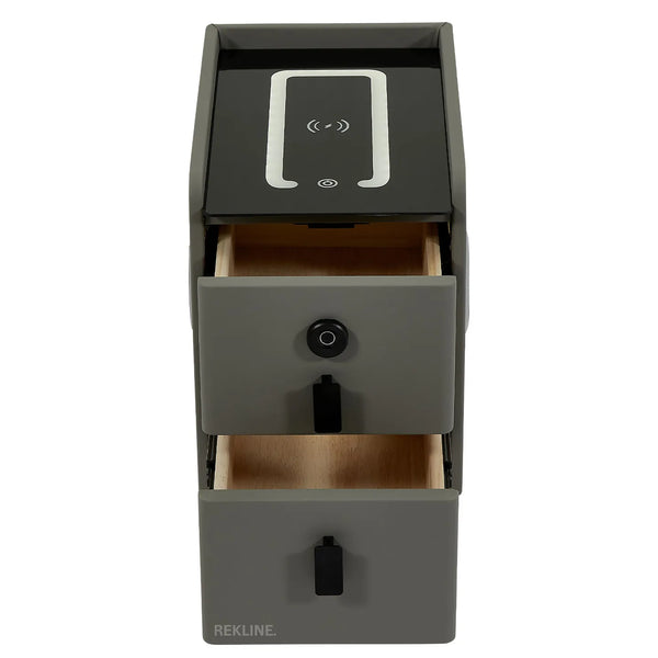 Narrow 2 Drawer Bedside Table With Lights LED & Fingerprint Lock | Table Glass Top with Built-in Wireless Charger & BT Speakers | Modern Nightstand + USBc | Phoenix