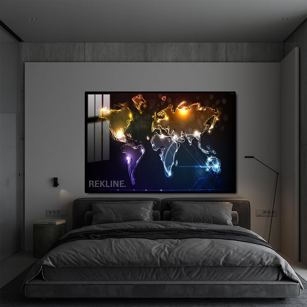 Illuminated World Map LED Canvas | Horizontal World Map Painting 100×150 cm | LED-Illuminated Crystal-Porcelain World Map Painting, Gold/Black Frame | By REKLINE