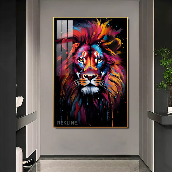 Lion Wall Art | Colourful LED Canvas with Gold or Black Frame | 100×150 cm Designed for Contemporary Interiors | By REKLINE