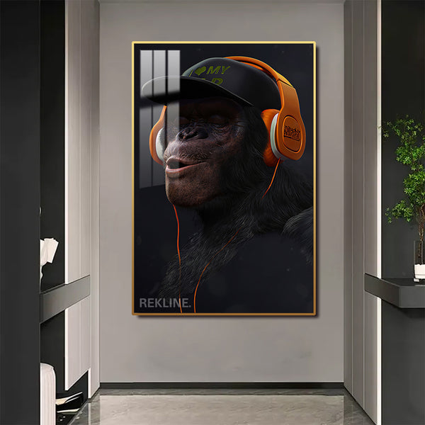 Monkey With Headphones Wall Art | LED Wall Art in Gold/Black Alloy Frame | 100 × 150 cm Large Canvas | By REKLINE
