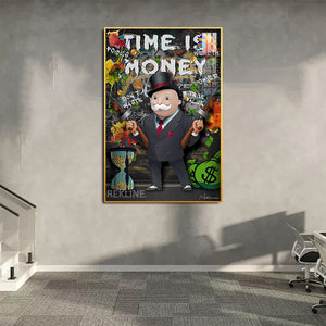 Time Is Money Monopoly-Inspired LED Canvas | 100×150 cm Money Wall Art, LED-Lit Crystal-Porcelain Painting, Gold/Black Frame | By REKLINE