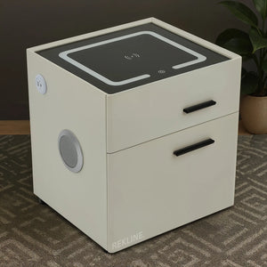 Small Off-White 2 Drawer Bedside Table With Lights LED & Hidden Safety Box | Square Table Glass Top & Built-in Wireless Charger | Bluetooth Modern Nightstand + USBc + Speakers  | California