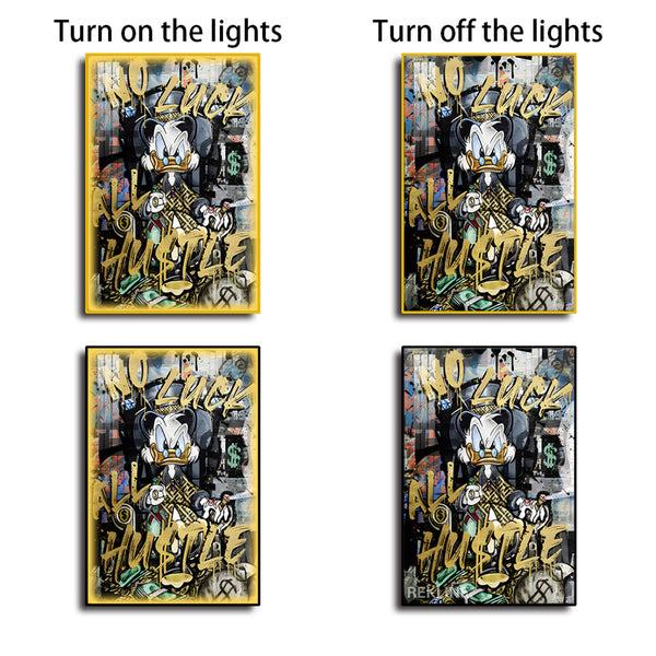 Scrooge McDuck Graffiti Canvas | LED Canvas No Luck All Hustle, LED-Lit Crystal Porcelain Art | 100×150 cm | By REKLINE