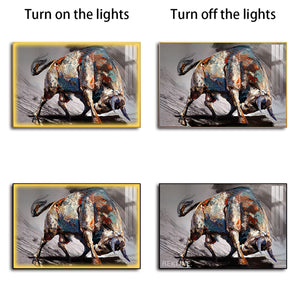 Abstract Bull Painting | LED Canvas 150×100 cm | LED-Illuminated Crystal-Porcelain Painting, Gold/Black Frame | By REKLINE