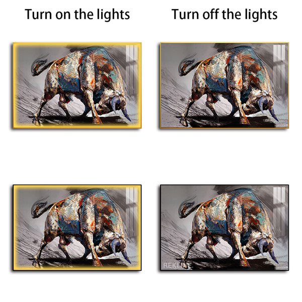 Abstract Bull Painting | LED Canvas 150×100 cm | LED-Illuminated Crystal-Porcelain Painting, Gold/Black Frame | By REKLINE