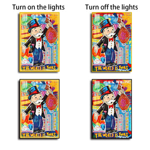 Monopoly Man LED Canvas | The World Is Yours | 100×150 cm LED-Illuminated Crystal-Porcelain Painting, Gold/Black Frame | By REKLINE