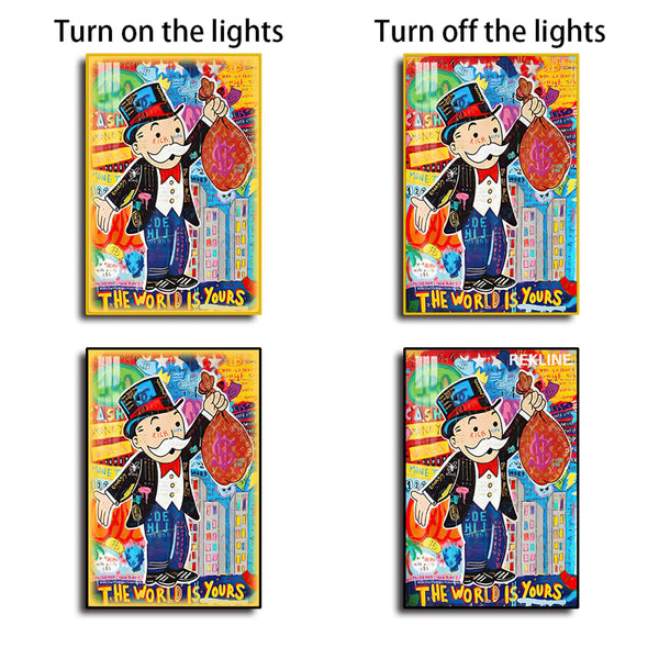 Monopoly Man LED Canvas | The World Is Yours | 100×150 cm LED-Illuminated Crystal-Porcelain Painting, Gold/Black Frame | By REKLINE