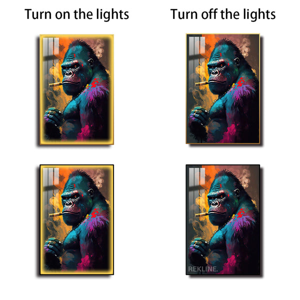 Gorilla Painting Wall Art | LED Canvas with Remote-Controller in Gold/Black Alloy Frame | 100 × 150 cm | By REKLINE