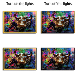 Abstract Bull LED Canvas | Abstract Painting Original Horizontal 150×100 cm Colorful Bull Wall Art | LED-Lit Crystal-Porcelain Painting, Gold/Black Frame | By REKLINE