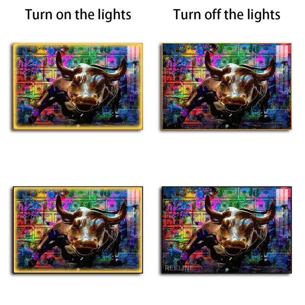 Abstract Bull LED Canvas | Abstract Painting Original Horizontal 150×100 cm Colorful Bull Wall Art | LED-Lit Crystal-Porcelain Painting, Gold/Black Frame | By REKLINE