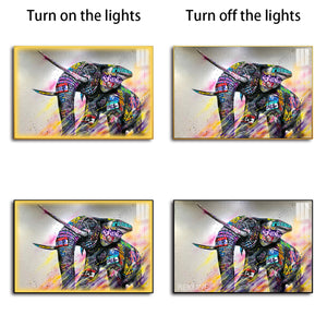 Elephant Wall Painting | Horizontal LED Canvas in Gold/Black Alloy Frame | 150 × 100 cm XL Canvas | By REKLINE