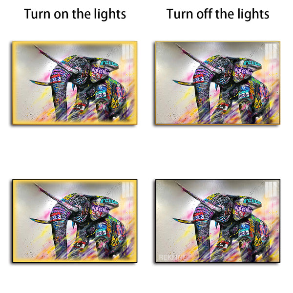 Elephant Wall Painting | Horizontal LED Canvas in Gold/Black Alloy Frame | 150 × 100 cm XL Canvas | By REKLINE