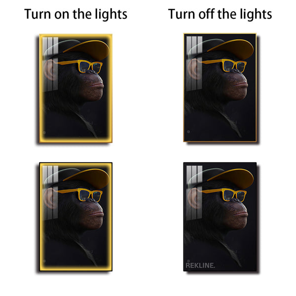 Monkey Canvas Wall Art | LED Wall Art in Gold/Black Alloy Frame | 100 × 150 cm Large Canvas | By REKLINE