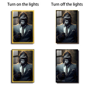 Smoking Gorilla King LED Canvas | Wall Art Painting in Gold/Black Frame Gorilla Portrait Wall Art, LED-Lit Crystal-Porcelain Painting | 100×150 cm | By REKLINE