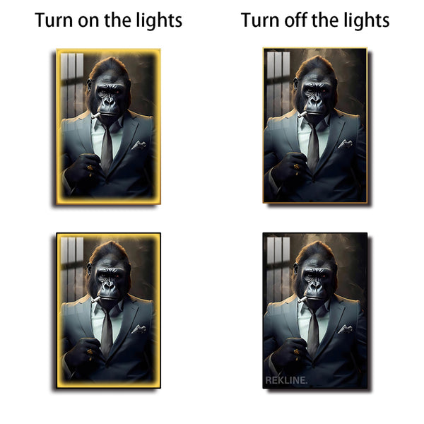 Smoking Gorilla King LED Canvas | Wall Art Painting in Gold/Black Frame Gorilla Portrait Wall Art, LED-Lit Crystal-Porcelain Painting | 100×150 cm | By REKLINE