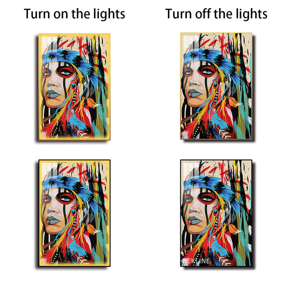 Native American Portrait LED Canvas | Colourful Feather-Headdress in Gold/Black Alloy Frame, Remote & Plug | 100 × 150 cm | By REKLINE