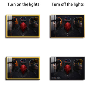 Urban Chimpanzee LED Canvas | colourful Monkey Horizontal 150×100 cm | Trio Chimp Painting, LED-Lit Crystal-Porcelain Art, Gold/Black Frame | By REKLINE